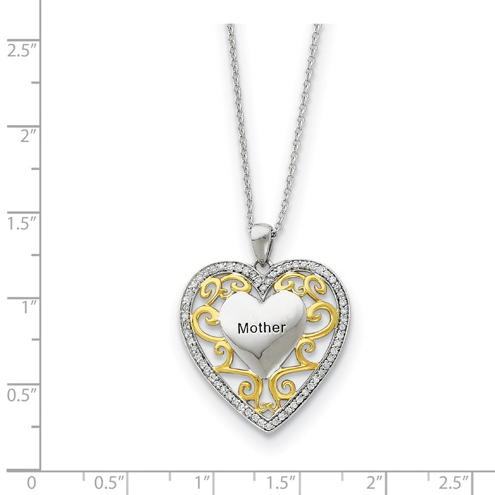 Alternate view of the Rhodium &amp; Gold Tone Plated Silver &amp; CZ Mother Heart Necklace, 18 Inch by The Black Bow Jewelry Co.