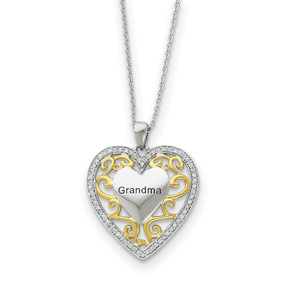 Rhodium & Gold Tone Plated Silver & CZ Grandma Heart Necklace, 18 Inch, Item N8722 by The Black Bow Jewelry Co.