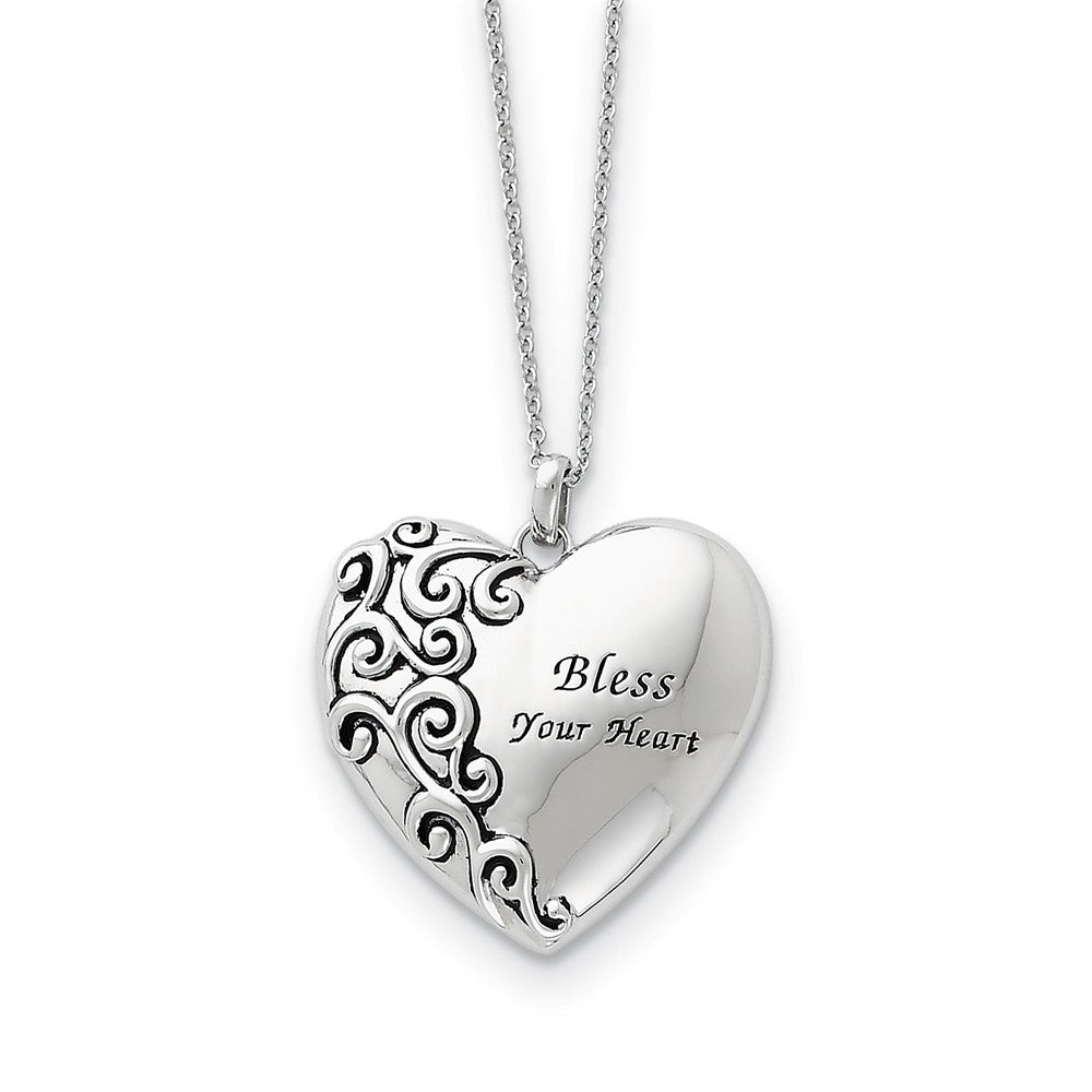 Rhodium Plated Sterling Silver Bless Your Heart Necklace, 18 Inch, Item N8729 by The Black Bow Jewelry Co.