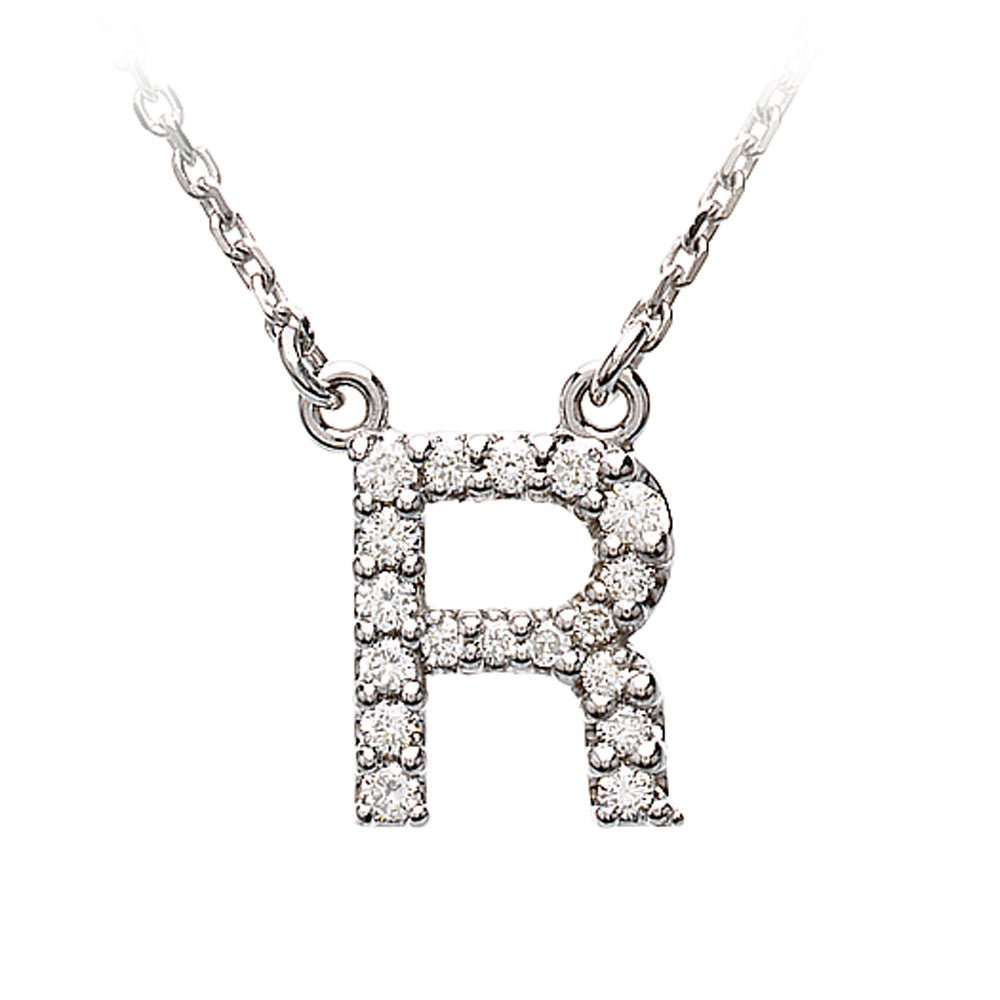 .14 Cttw Diamond & 14k White Gold Block Initial Necklace, Letter R, Item N8891-R by The Black Bow Jewelry Co.