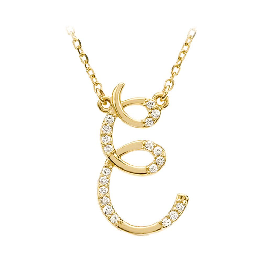 1/10 Ctw Diamond 14k Yellow Gold Medium Script Initial E Necklace 17in, Item N8892-E by The Black Bow Jewelry Co.