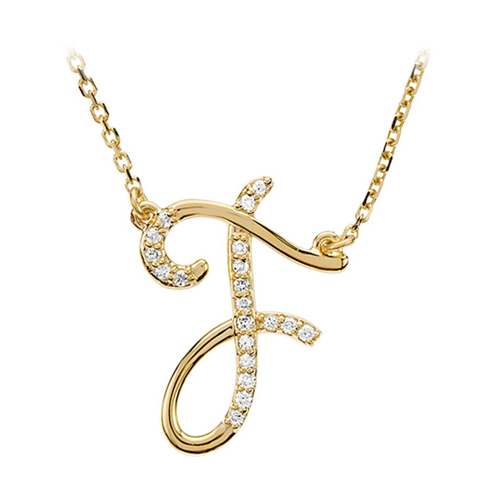1/10 Ctw Diamond 14k Yellow Gold Medium Script Initial F Necklace 17in, Item N8892-F by The Black Bow Jewelry Co.