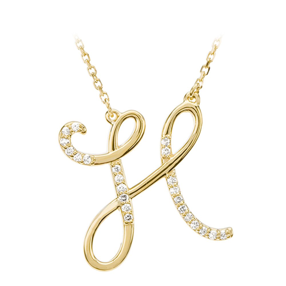 1/8 Ctw Diamond 14k Yellow Gold Medium Script Initial H Necklace, 17in, Item N8892-H by The Black Bow Jewelry Co.
