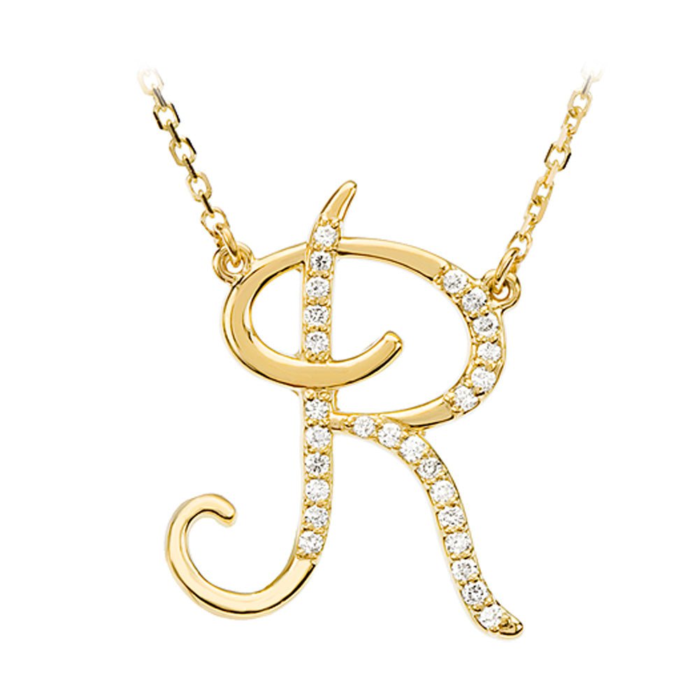 1/8 Ct Diamond 14k Yellow Gold Medium Script Initial R Necklace, 17in, Item N8892-R by The Black Bow Jewelry Co.