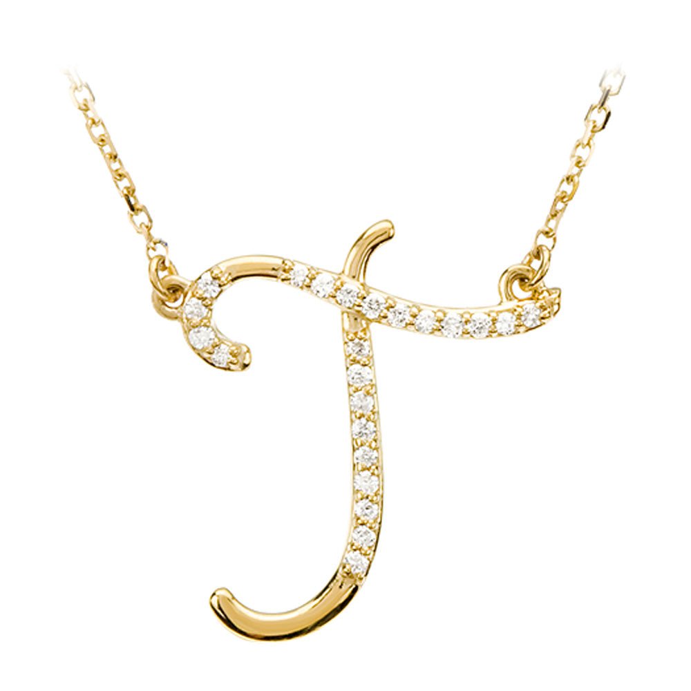 1/8 Ctw Diamond 14k Yellow Gold Medium Script Initial T Necklace, 17in, Item N8892-T by The Black Bow Jewelry Co.
