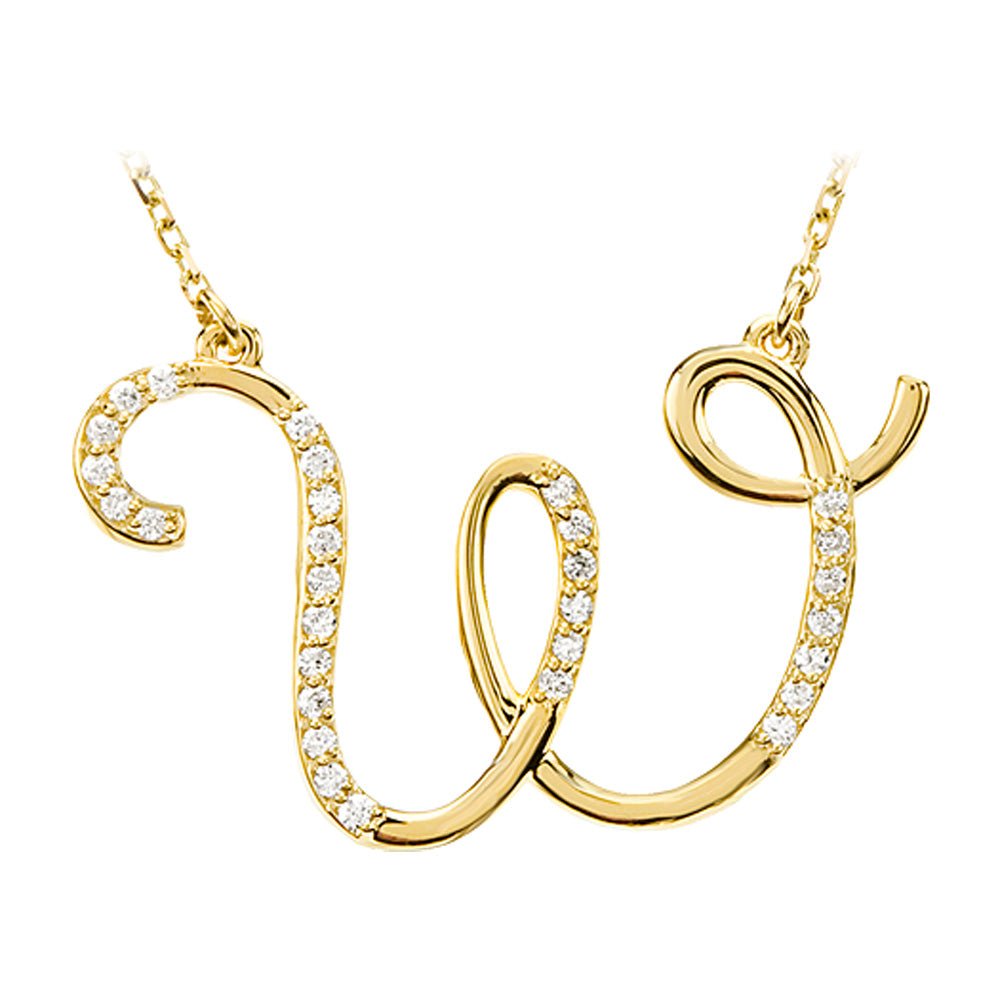 1/6 Ctw Diamond 14k Yellow Gold Medium Script Initial W Necklace, 17in, Item N8892-W by The Black Bow Jewelry Co.