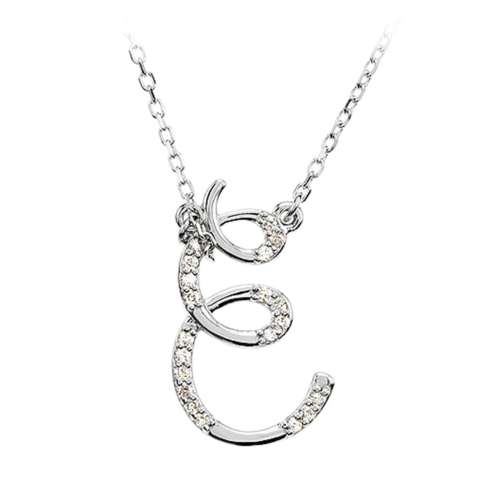 1/10 Ctw Diamond Sterling Silver Medium Script Initial E Necklace 16in, Item N8893-E by The Black Bow Jewelry Co.