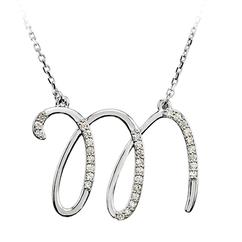 1/6 Ct Diamond Sterling Silver Medium Script Initial M Necklace, 16in, Item N8893-M by The Black Bow Jewelry Co.