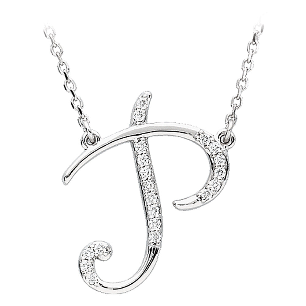1/10 Ctw Diamond Sterling Silver Medium Script Initial P Necklace 16in, Item N8893-P by The Black Bow Jewelry Co.