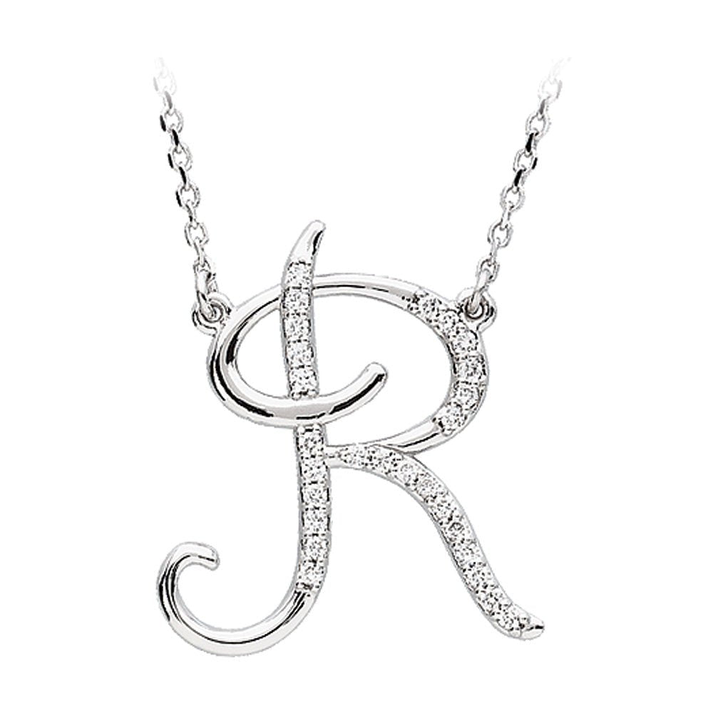 1/8 Ct Diamond Sterling Silver Medium Script Initial R Necklace, 16in, Item N8893-R by The Black Bow Jewelry Co.