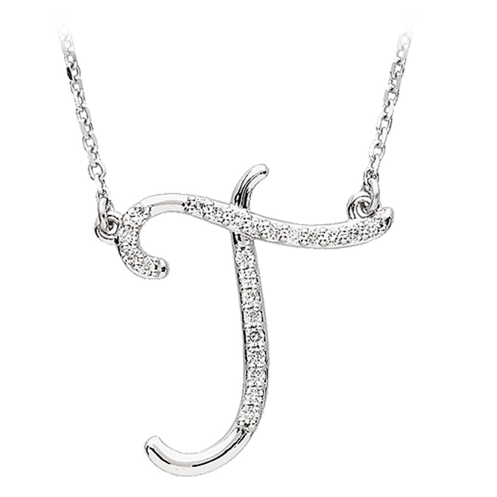 1/8 Ctw Diamond Sterling Silver Medium Script Initial T Necklace, 16in, Item N8893-T by The Black Bow Jewelry Co.