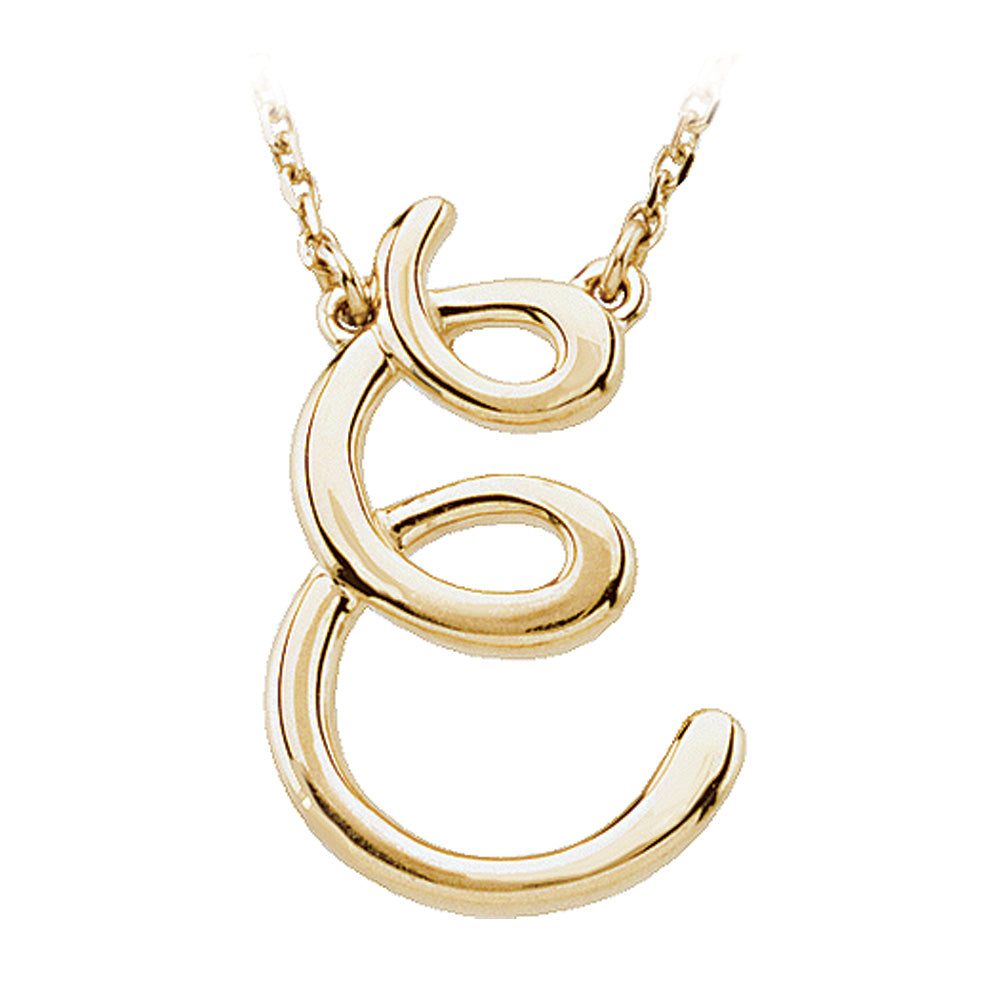 14k Yellow Gold, Olivia Collection, Medium Script Initial E Necklace, Item N8896-E by The Black Bow Jewelry Co.