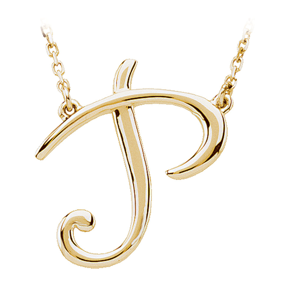 14k Yellow Gold, Olivia Collection, Medium Script Initial P Necklace, Item N8896-P by The Black Bow Jewelry Co.