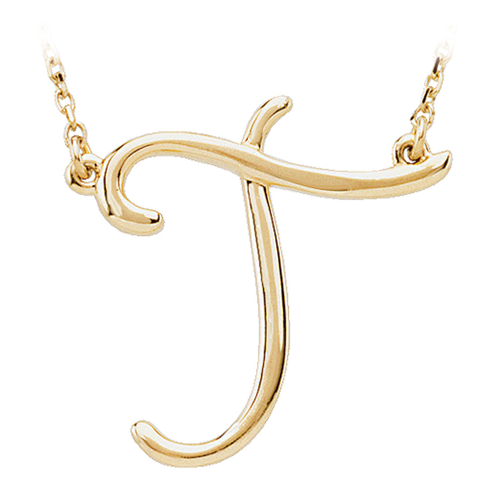 14k Yellow Gold, Olivia Collection, Medium Script Initial T Necklace, Item N8896-T by The Black Bow Jewelry Co.