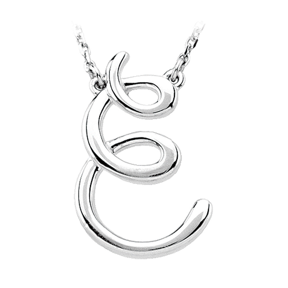 Sterling Silver, Olivia Collection, Medium Script Initial E Necklace, Item N8897-E by The Black Bow Jewelry Co.