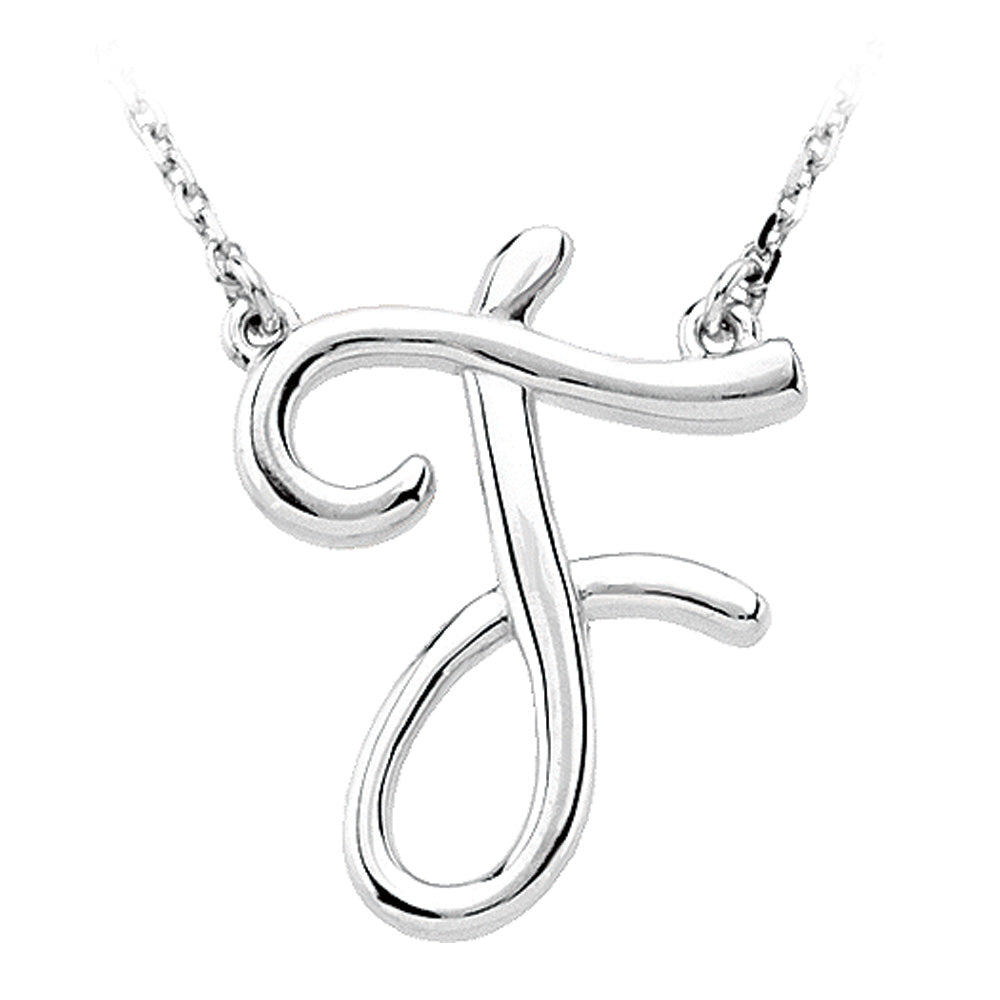 Sterling Silver, Olivia Collection, Medium Script Initial F Necklace, Item N8897-F by The Black Bow Jewelry Co.