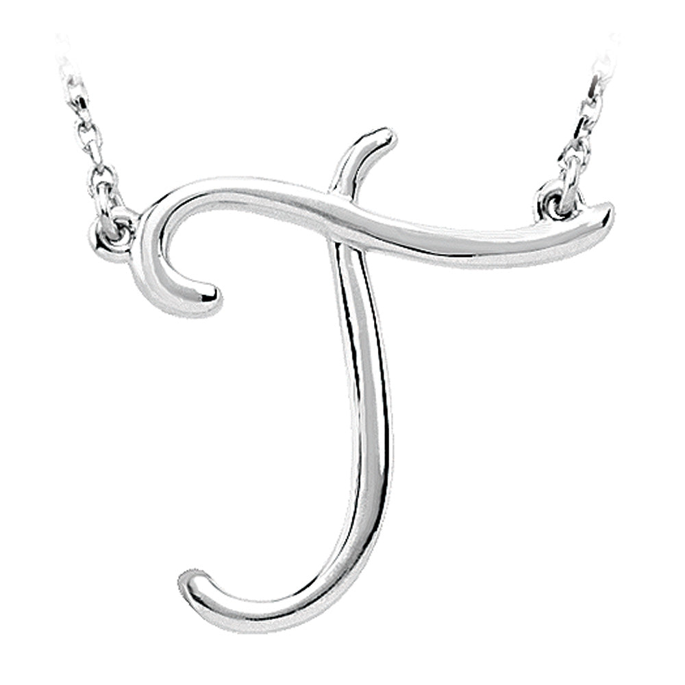 Sterling Silver, Olivia Collection, Medium Script Initial T Necklace, Item N8897-T by The Black Bow Jewelry Co.