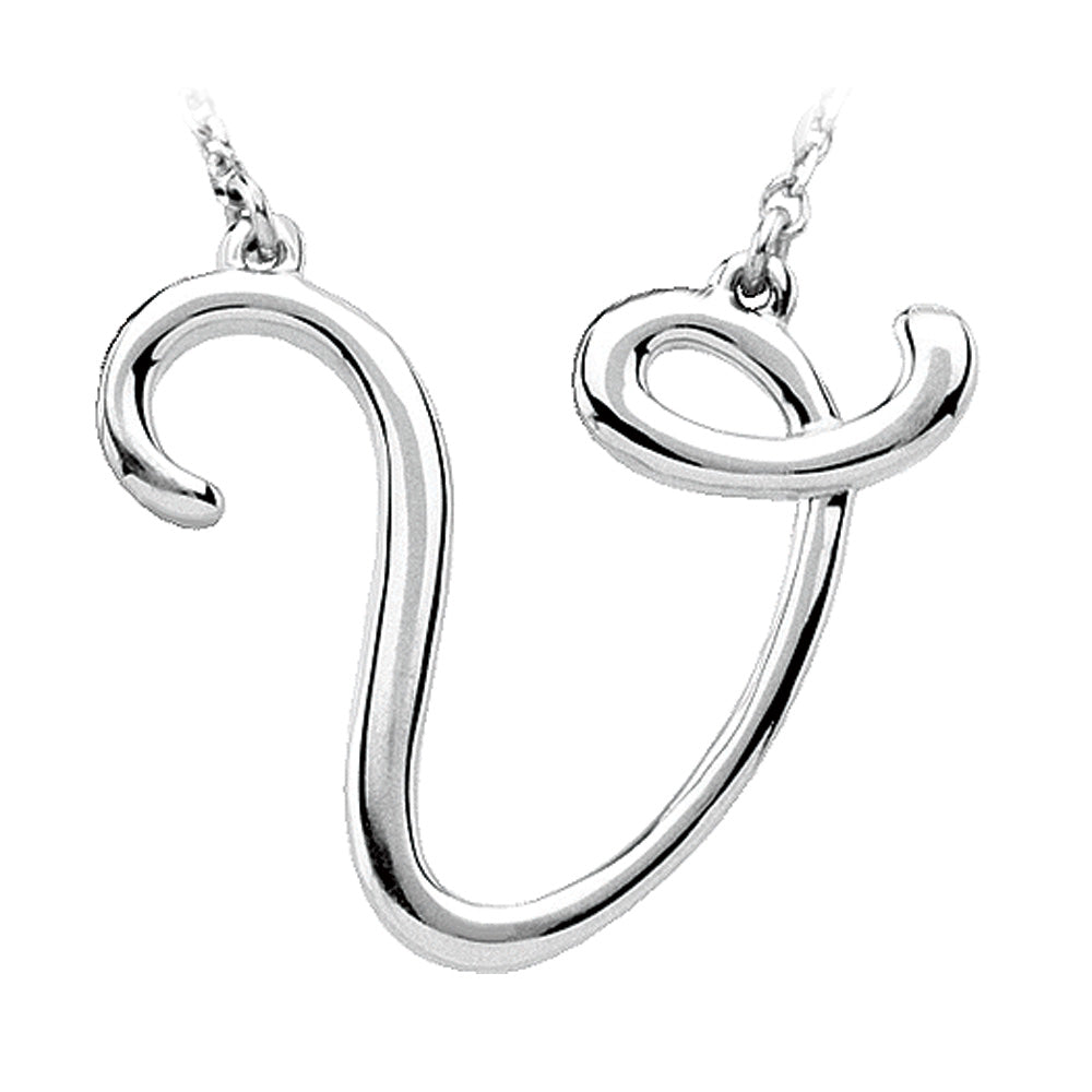 Sterling Silver, Olivia Collection, Medium Script Initial V Necklace, Item N8897-V by The Black Bow Jewelry Co.