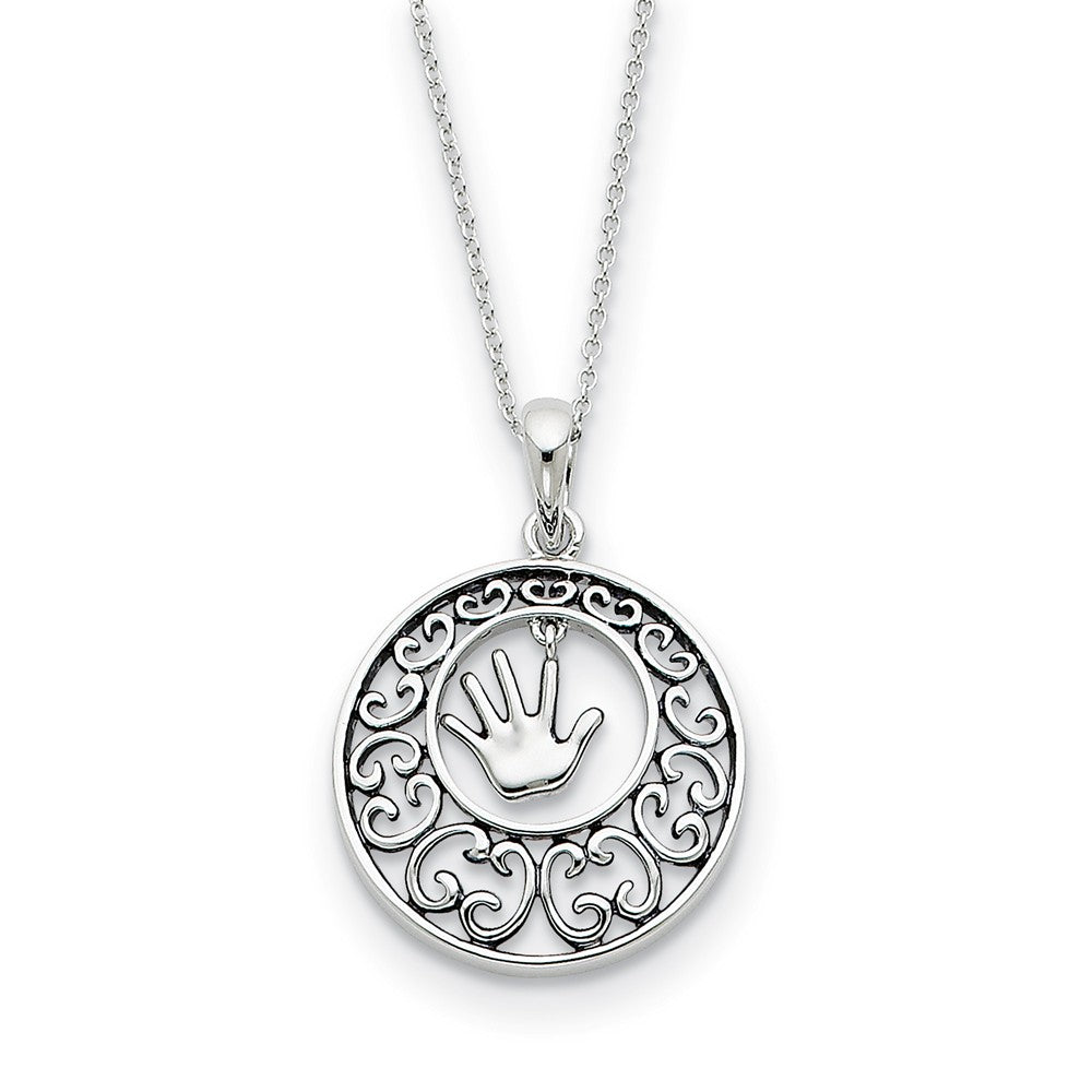 Rhodium Plated Sterling Silver Children, Handprint Necklace, 18 Inch, Item N8904 by The Black Bow Jewelry Co.