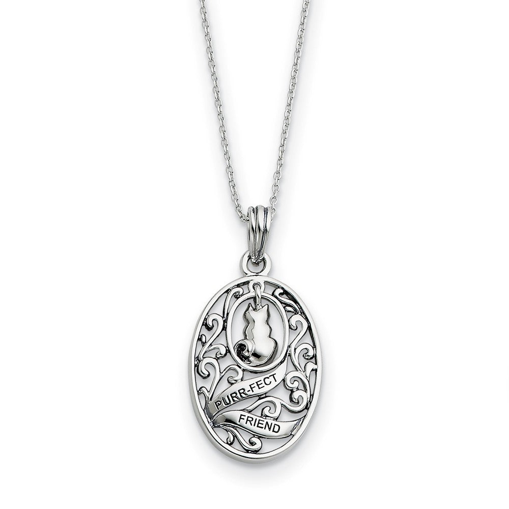 Rhodium Plated Sterling Silver Animal Friends, Oval Cat Necklace, Item N8935 by The Black Bow Jewelry Co.