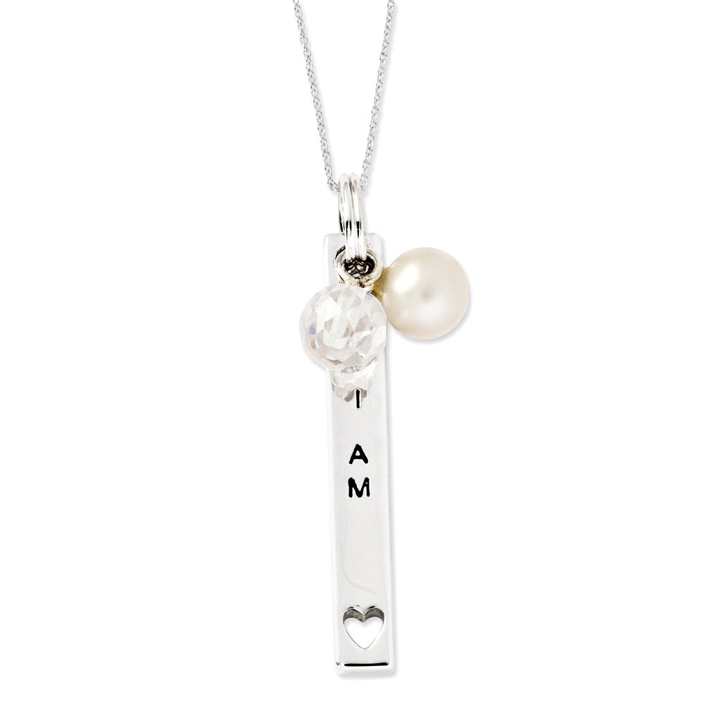Sterling Silver, FWC Pearl &amp; CZ I Am A Keeper Bar Necklace, 18 Inch, Item N8939 by The Black Bow Jewelry Co.