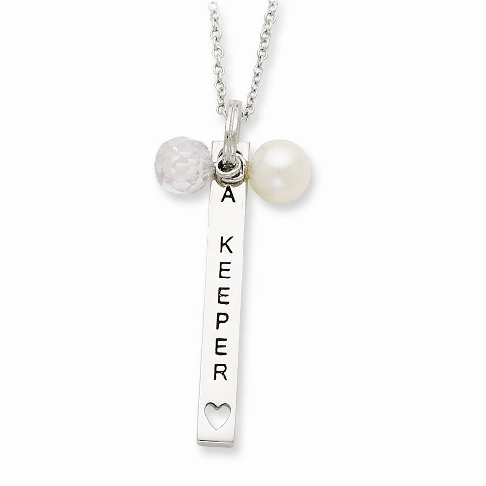 Alternate view of the Sterling Silver, FWC Pearl &amp; CZ I Am A Keeper Bar Necklace, 18 Inch by The Black Bow Jewelry Co.