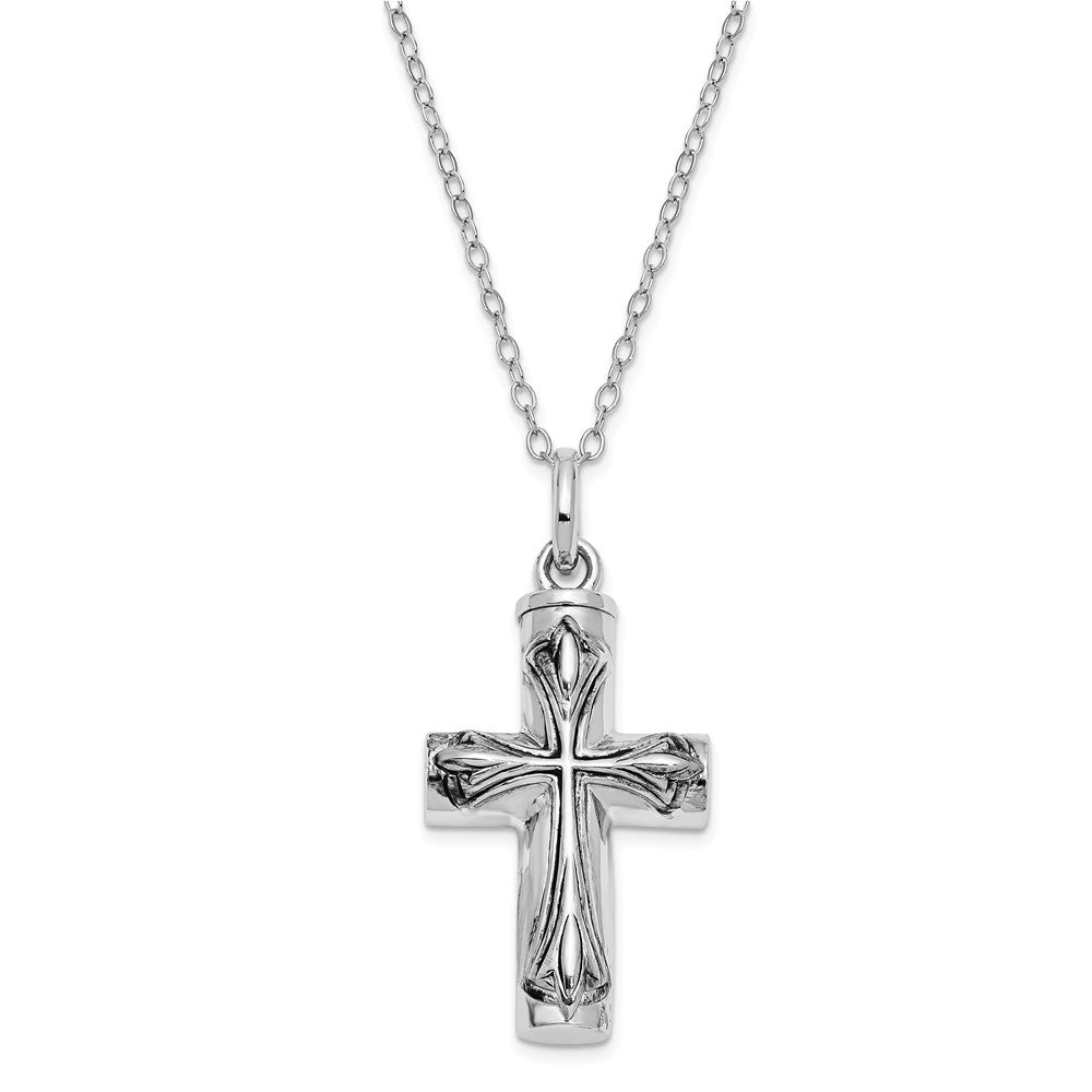 Rhodium Plated Sterling Silver Antiqued Cross Ash Holder Necklace, Item N9027 by The Black Bow Jewelry Co.