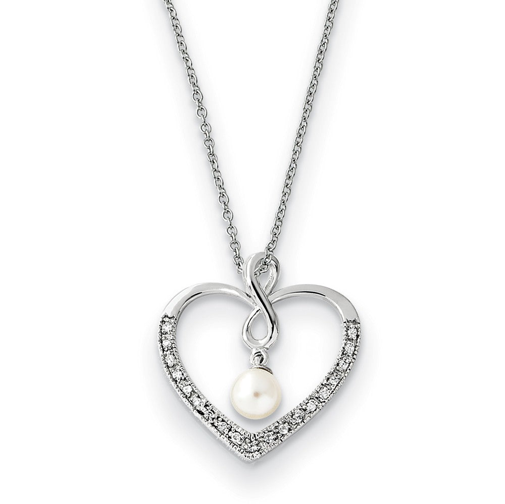 Sterling Silver, CZ &amp; FW Cultured Pearl My Friend Heart Necklace, 18in, Item N9347 by The Black Bow Jewelry Co.