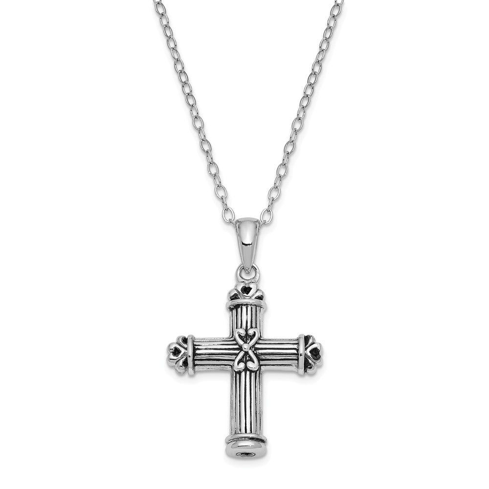 Rhodium Plated Sterling Silver Pillar Cross Ash Holder Necklace, 18in, Item N9434 by The Black Bow Jewelry Co.