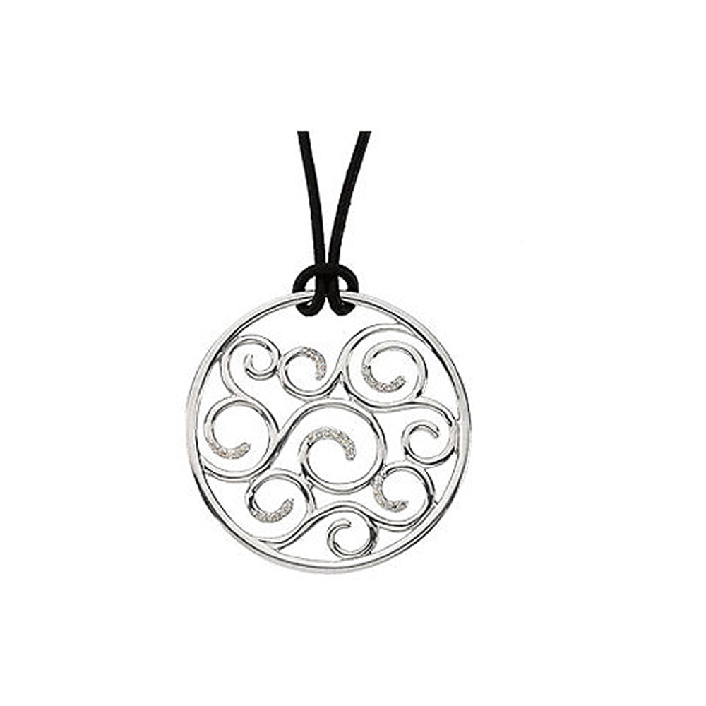 Diamond Scroll Circle Necklace, Sterling Silver and Black Leather Cord, Item N9597 by The Black Bow Jewelry Co.