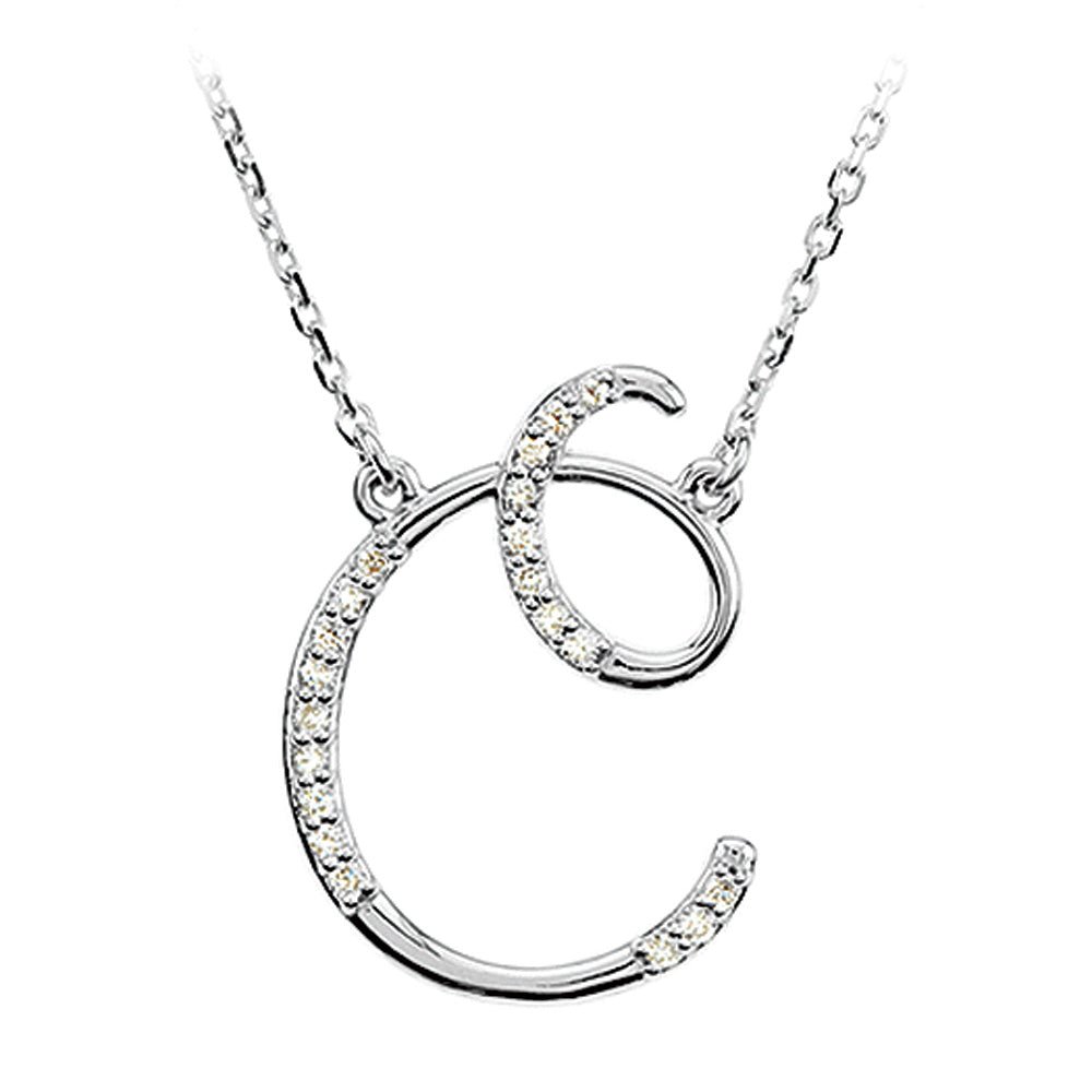 1/10 Ctw Diamond 14k White Gold Medium Script Initial C Necklace, 17in, Item N9625-C by The Black Bow Jewelry Co.