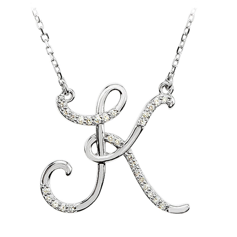 1/8 Ctw Diamond 14k White Gold Medium Script Initial K Necklace, 17in, Item N9625-K by The Black Bow Jewelry Co.