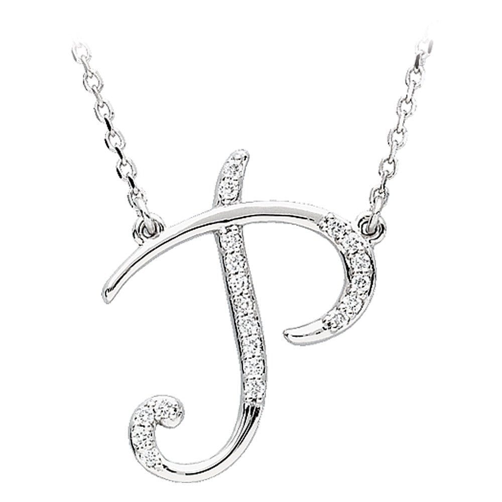 1/10 Ctw Diamond 14k White Gold Medium Script Initial P Necklace, 17in, Item N9625-P by The Black Bow Jewelry Co.