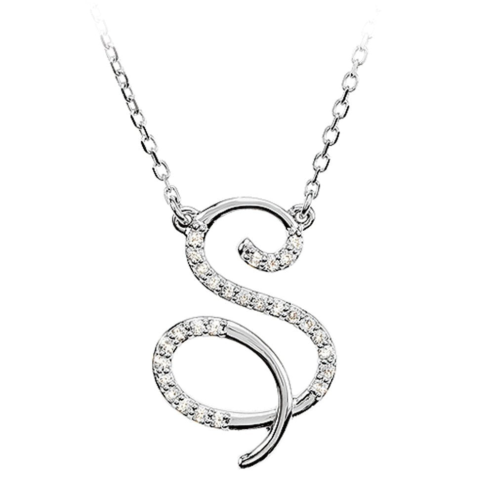1/8 Ctw Diamond 14k White Gold Medium Script Initial S Necklace, 17in, Item N9625-S by The Black Bow Jewelry Co.