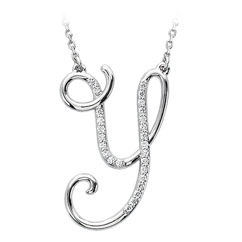 1/8 Ctw Diamond 14k White Gold Medium Script Initial Y Necklace, 17in, Item N9625-Y by The Black Bow Jewelry Co.