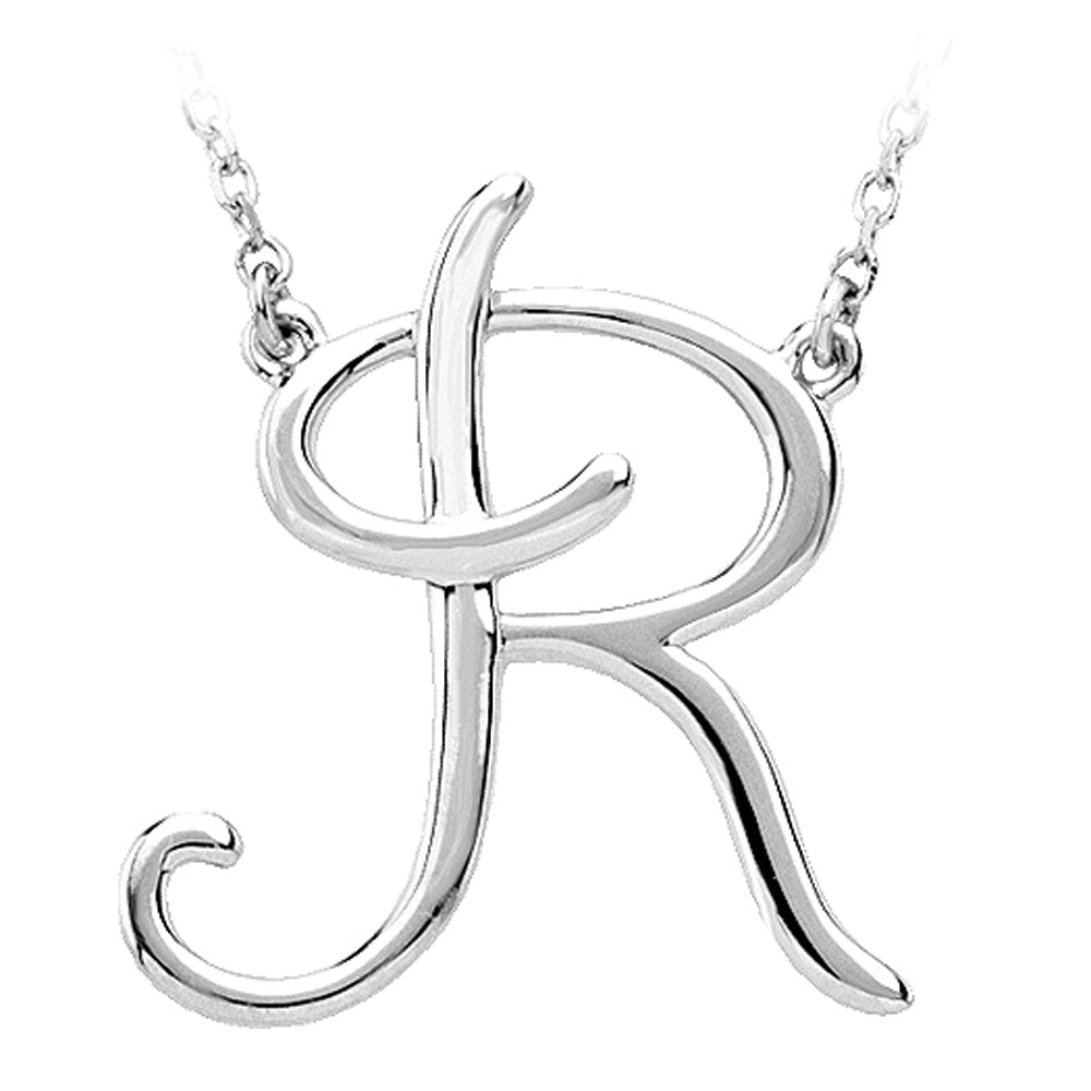 14k White Gold, Olivia Collection, Medium Script Initial R Necklace, Item N9627-R by The Black Bow Jewelry Co.