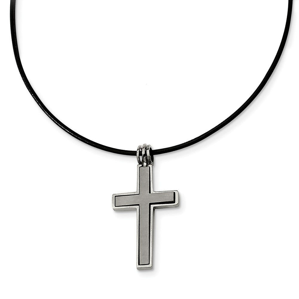 Titanium 2 Piece Cross and Black Leather Cord Necklace 18 Inch, Item N9649 by The Black Bow Jewelry Co.