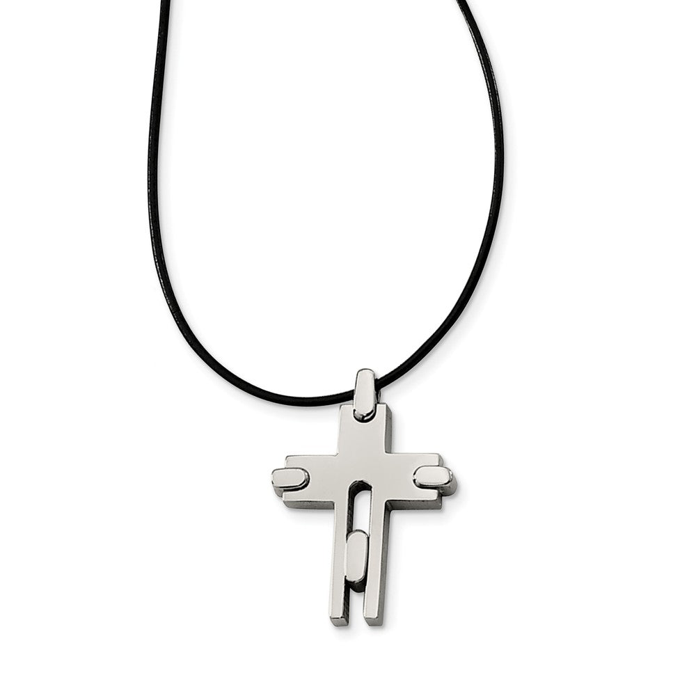 Titanium Cross and Black Leather Cord Necklace 18 Inch, Item N9653 by The Black Bow Jewelry Co.