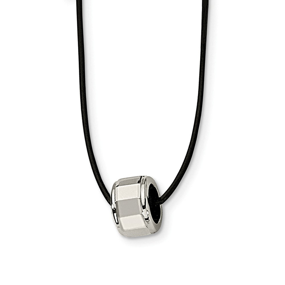 Brushed Tungsten Barrel and Black Leather Cord Necklace 18 Inch, Item N9660 by The Black Bow Jewelry Co.