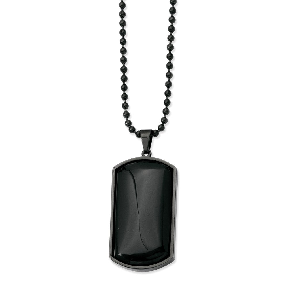 Black Plated Stainless Steel and Black Agate Dog Tag Necklace 30 Inch, Item N9666 by The Black Bow Jewelry Co.