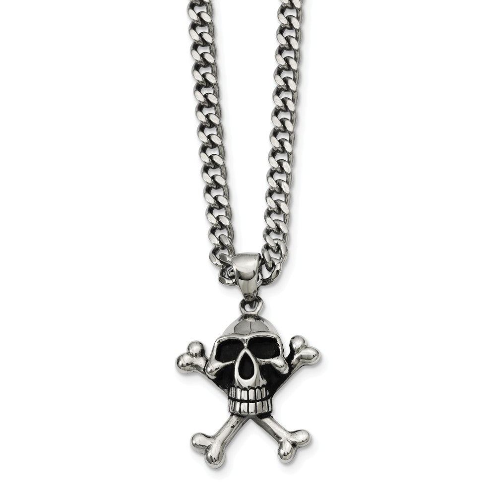 Stainless Steel Antiqued Skull and Crossbones Necklace 24 Inch, Item N9706 by The Black Bow Jewelry Co.