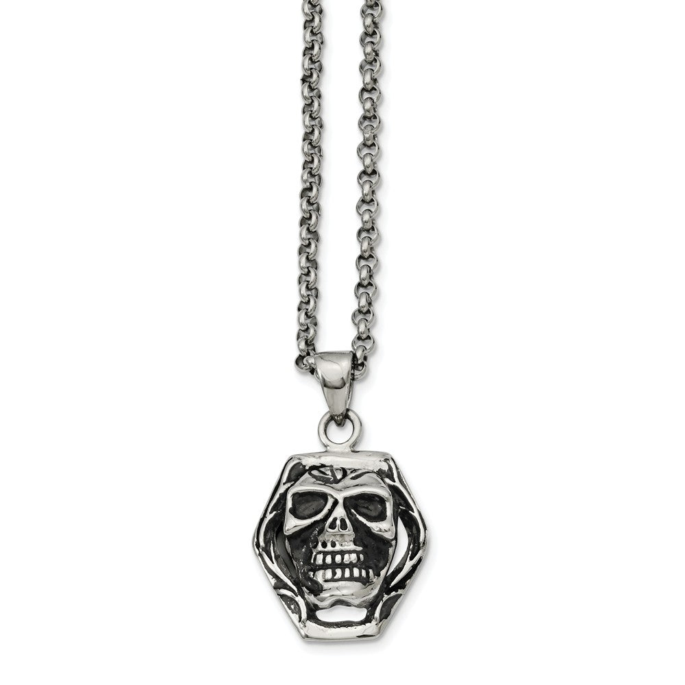 Stainless Steel Antiqued Skull Necklace 24 Inch, Item N9707 by The Black Bow Jewelry Co.