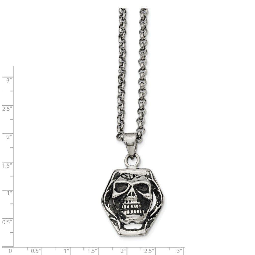 Alternate view of the Stainless Steel Antiqued Skull Necklace 24 Inch by The Black Bow Jewelry Co.