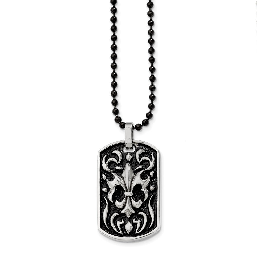 Stainless Steel Antiqued Fleur de lis Dog Tag Necklace - 24 Inch, Item N9752 by The Black Bow Jewelry Co.