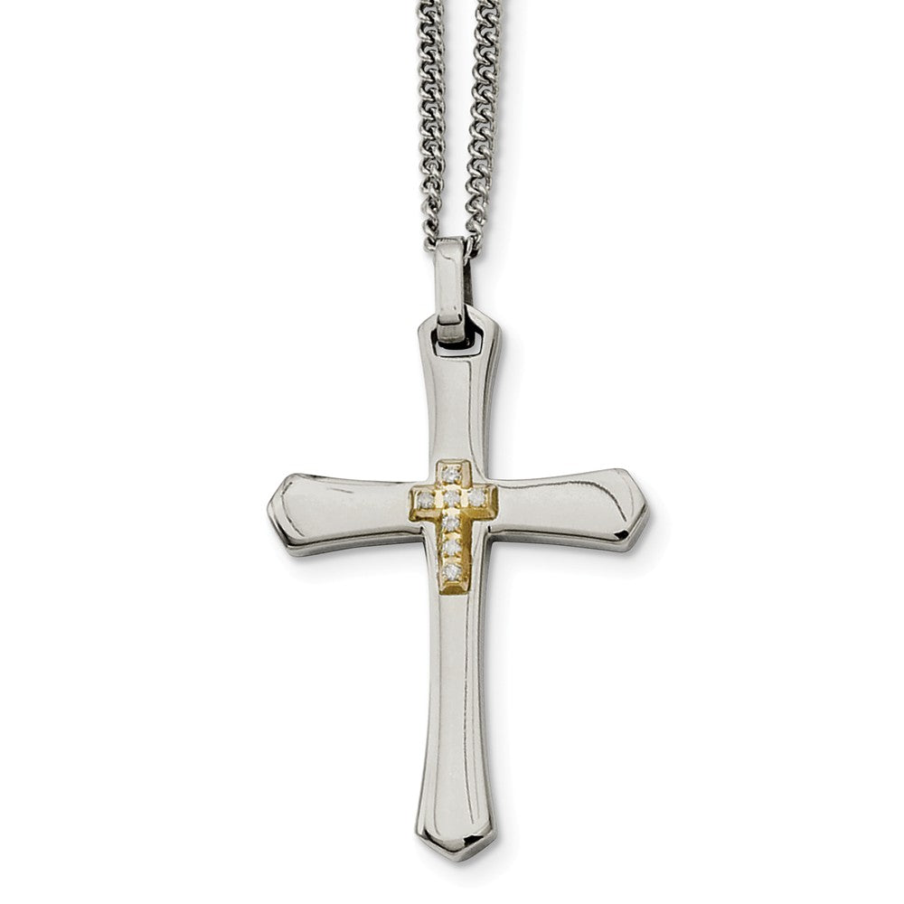 Stainless Steel, 14k Gold Plated &amp; Diamond Cross Necklace - 22 Inch, Item N9761 by The Black Bow Jewelry Co.