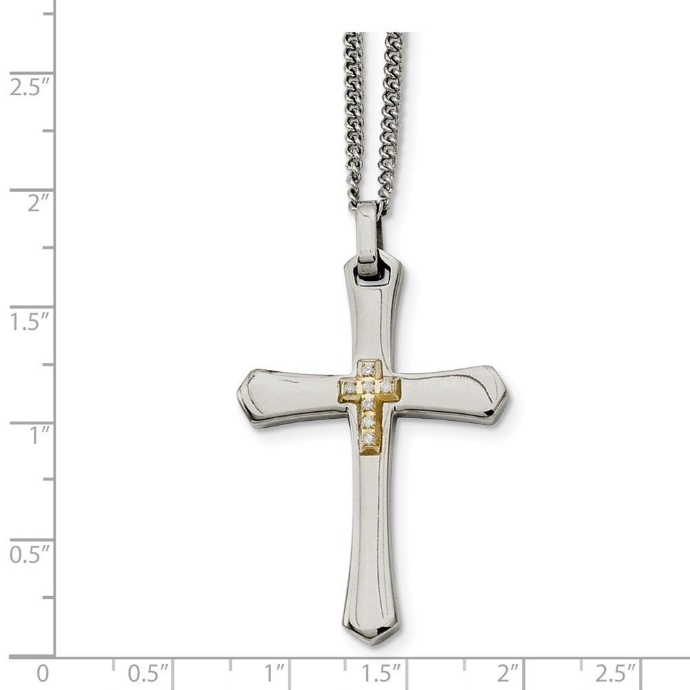 Alternate view of the Stainless Steel, 14k Gold Plated &amp; Diamond Cross Necklace - 22 Inch by The Black Bow Jewelry Co.
