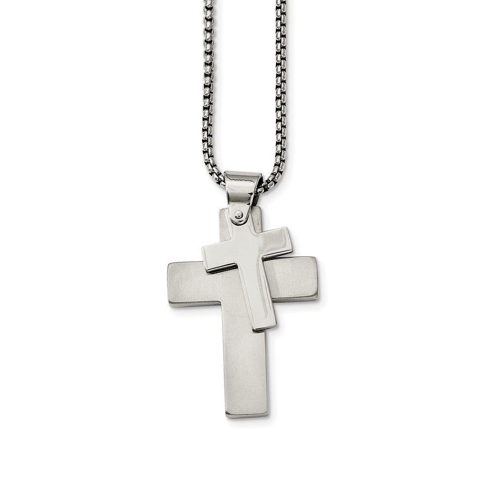 Stainless Steel Polished Double Cross Necklace - 24 Inch, Item N9773 by The Black Bow Jewelry Co.