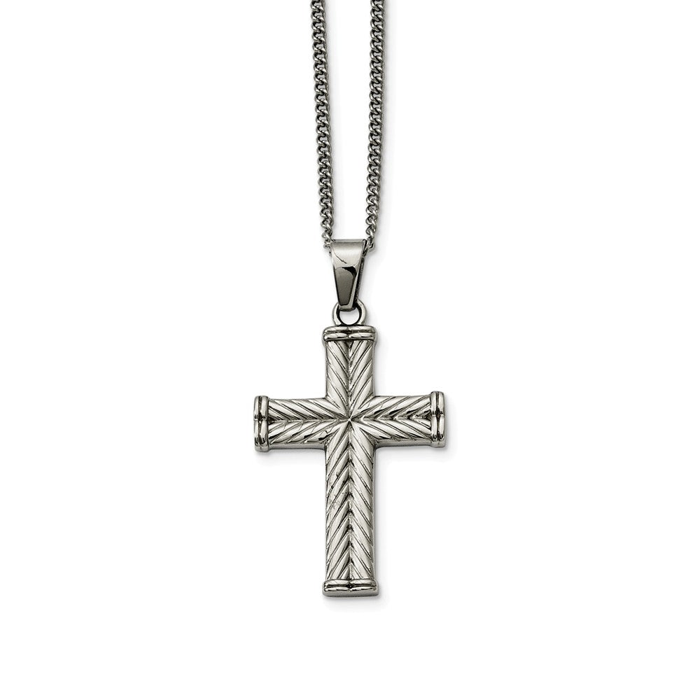 Stainless Steel Textured Wheat Design Cross Necklace - 22 Inch, Item N9779 by The Black Bow Jewelry Co.