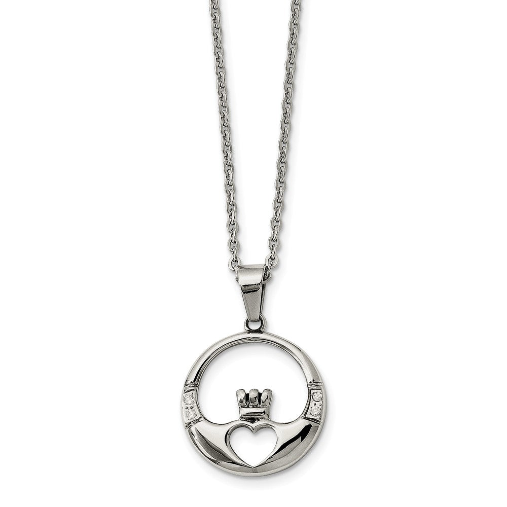 Stainless Steel and Cubic Zirconia Claddagh Pendant Necklace - 20 Inch, Item N9796 by The Black Bow Jewelry Co.