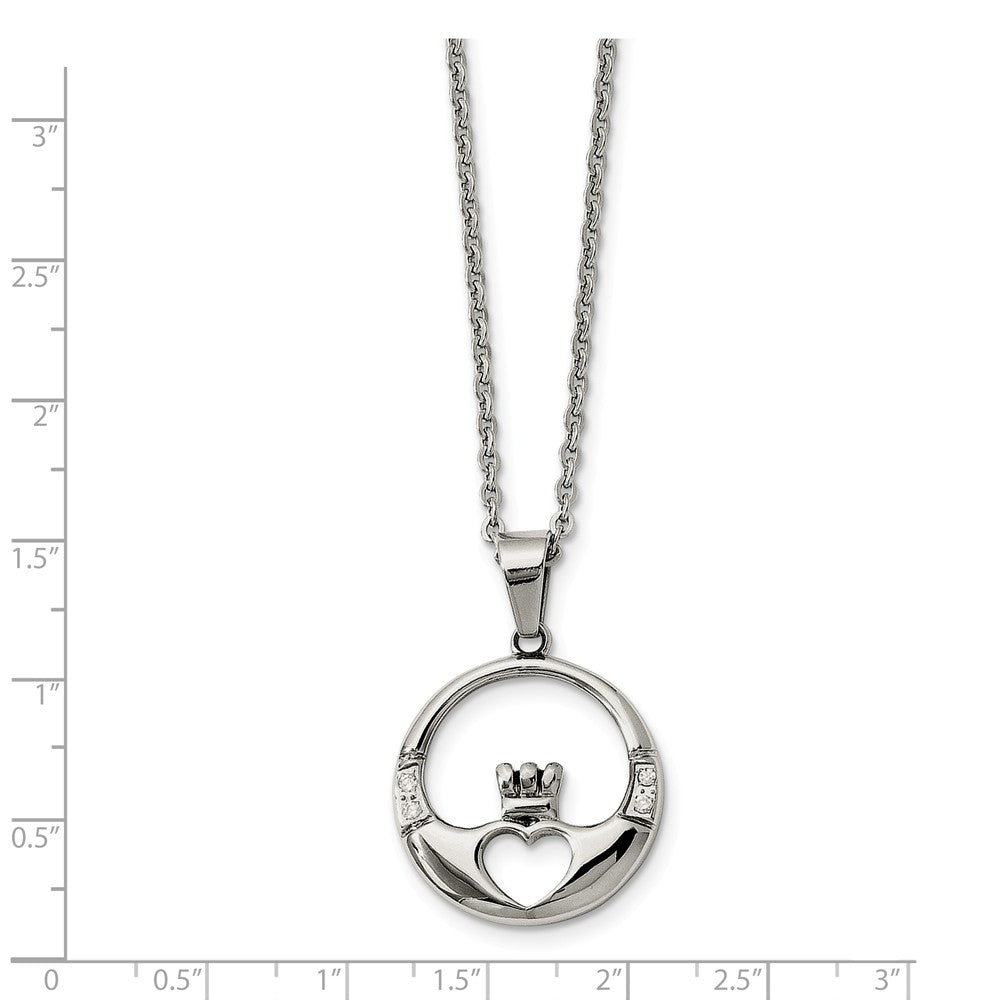 Alternate view of the Stainless Steel and Cubic Zirconia Claddagh Pendant Necklace - 20 Inch by The Black Bow Jewelry Co.